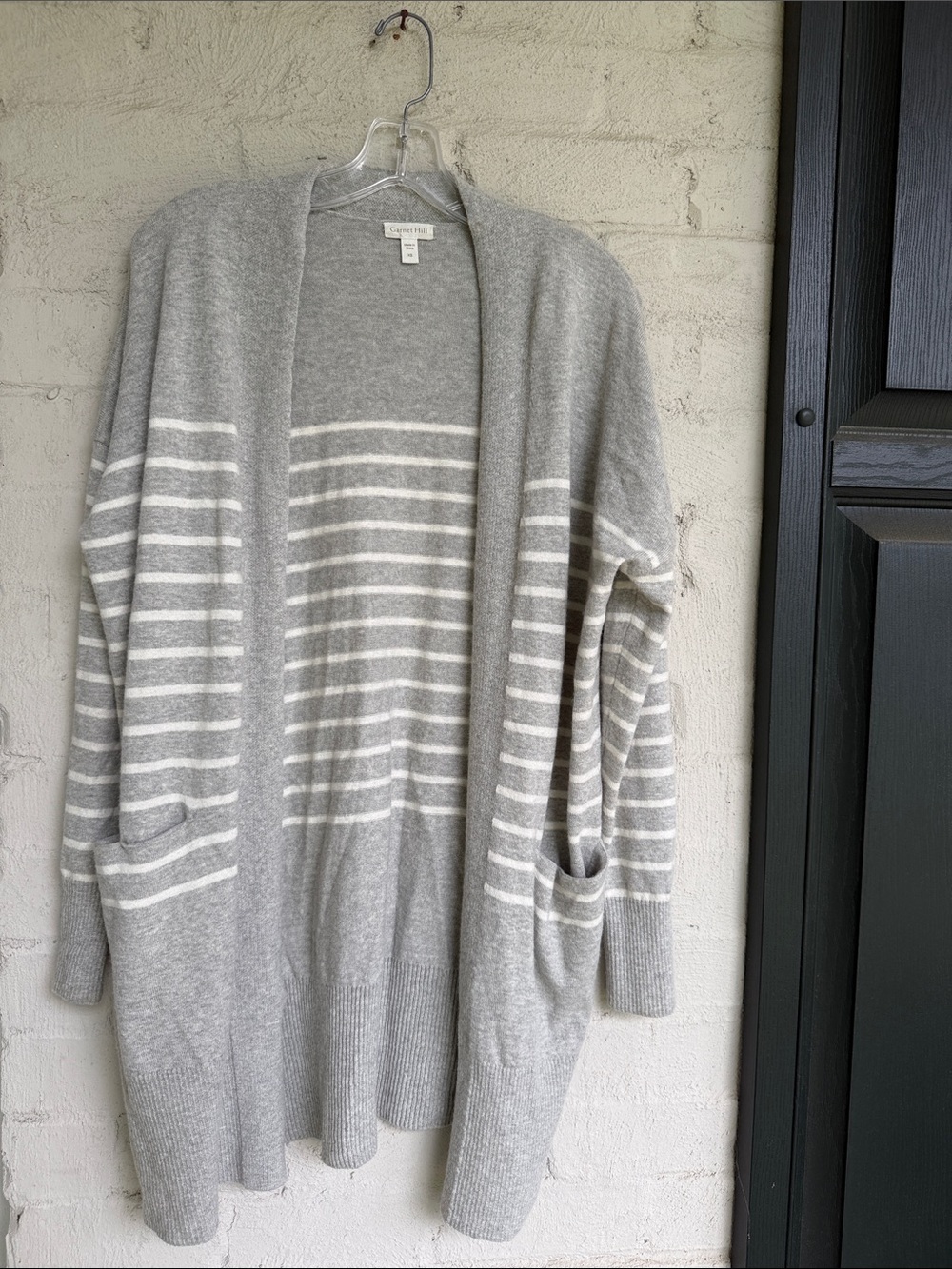 Garnet Hill Gray/White Striped Long Cardigan in Merino Wool/Cotton Knit Size XS - Picture 2 of 13